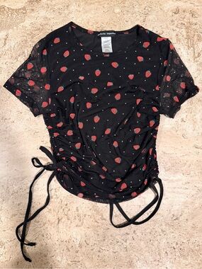 PERFECTLY IMPERFECT Black Strawberry Print Ruched Mesh Short Sleeve Tee